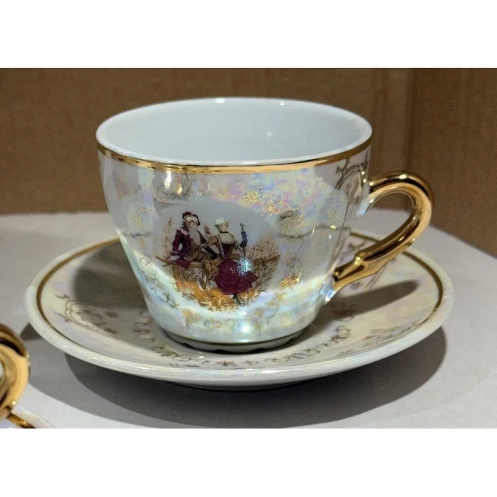 Romeo And Juliet Tea Pot 4 Tea Cups 4 Saucers Gold Trim Handles Iridescent White